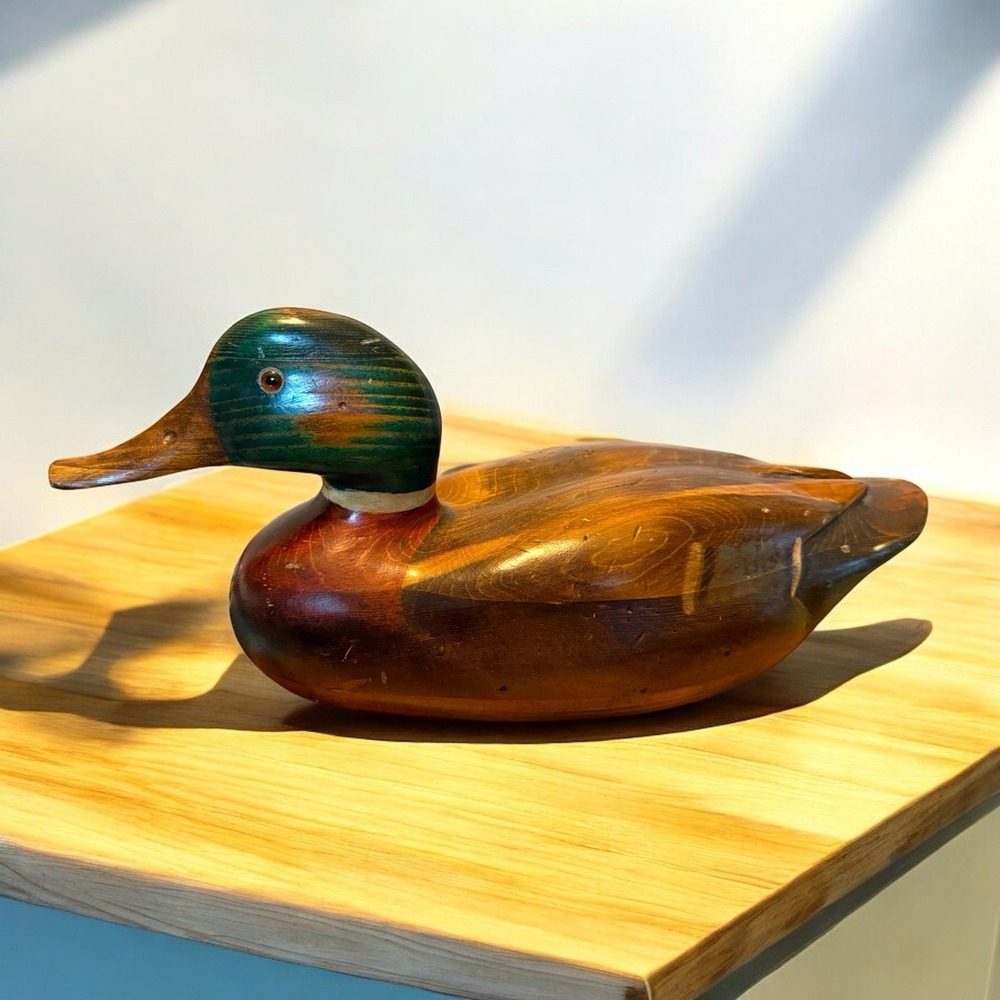 Tom Taber Wooden Mallard Drake Duck Decoy w/Glass Eyes, Signed. Vintage 1980